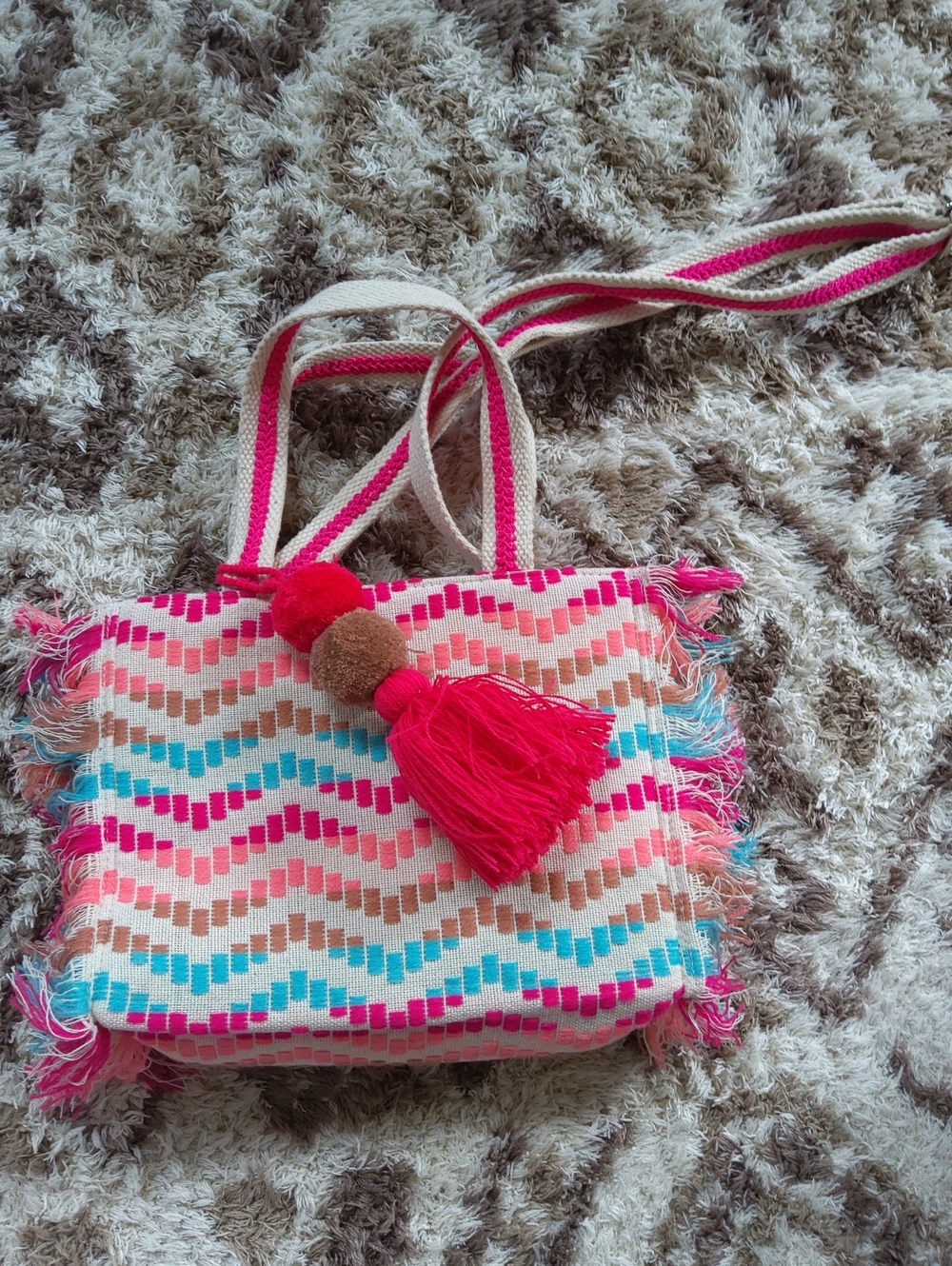 Handwoven Pink & Multicolor Pom-Tassel Shoulder Bag